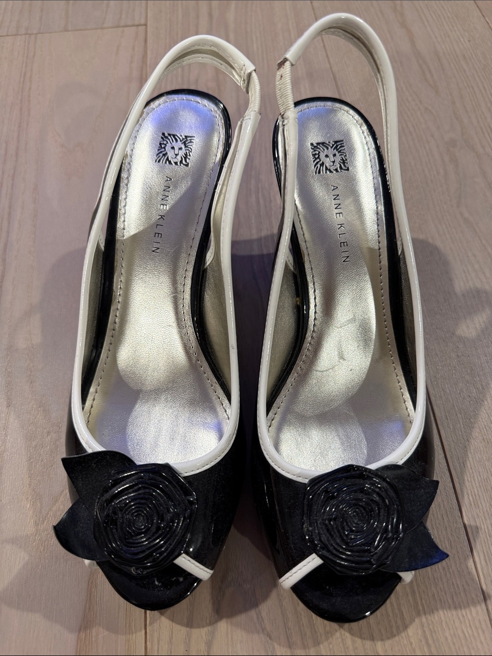 Anne Klein Black and White Slingback Peep-Toe Pumps with Floral Accent